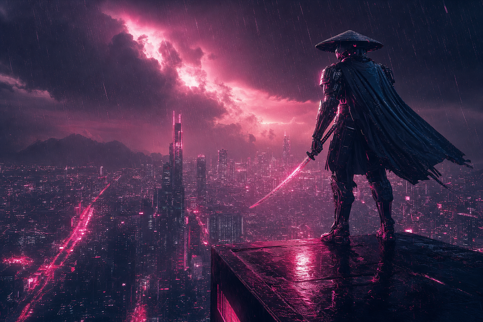 Cyber Samurai Standing On Skyscraper Cyberpunk Wallpaper  5 4K