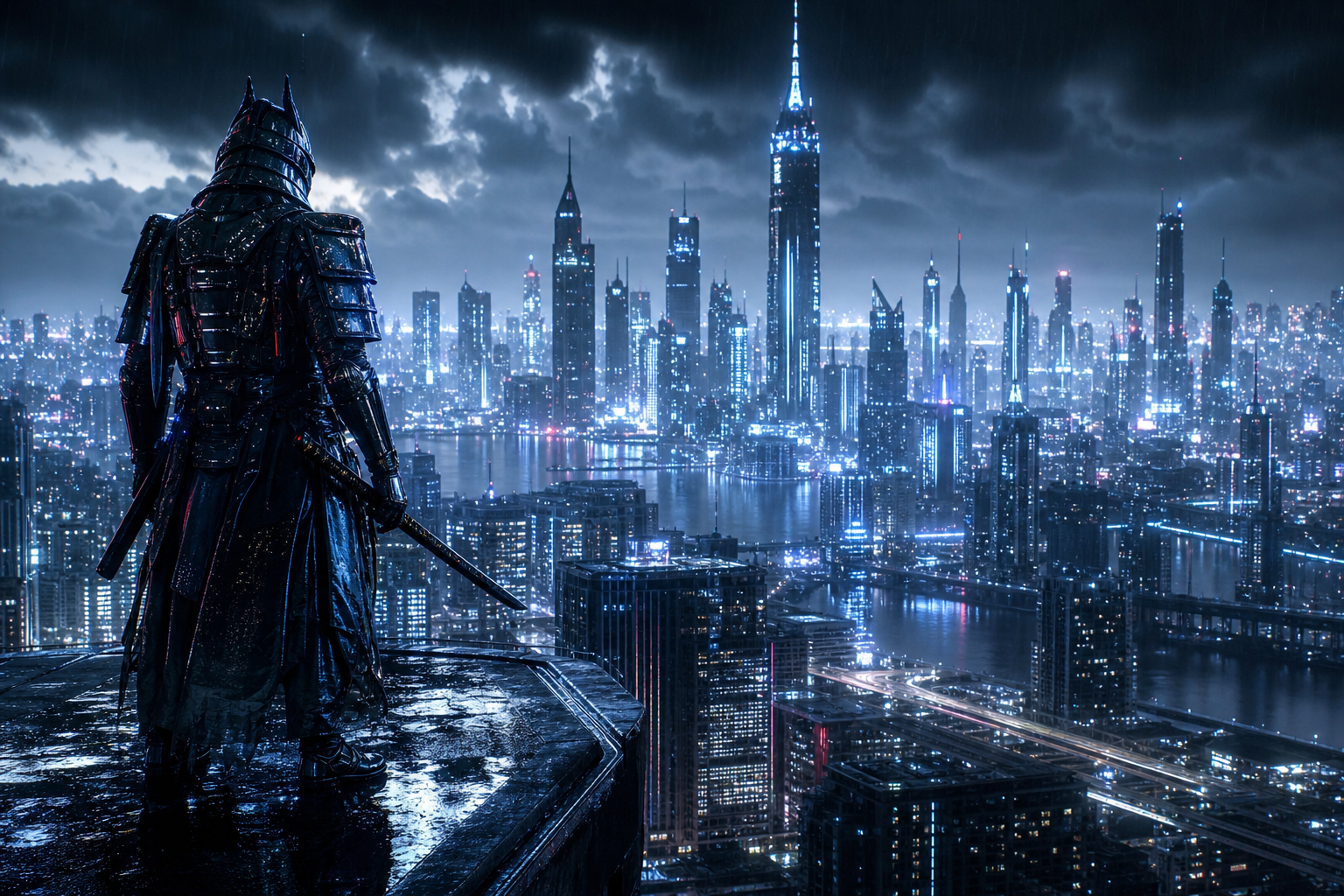 Cyber Samurai Standing On Skyscraper Cyberpunk Wallpaper  5 4K