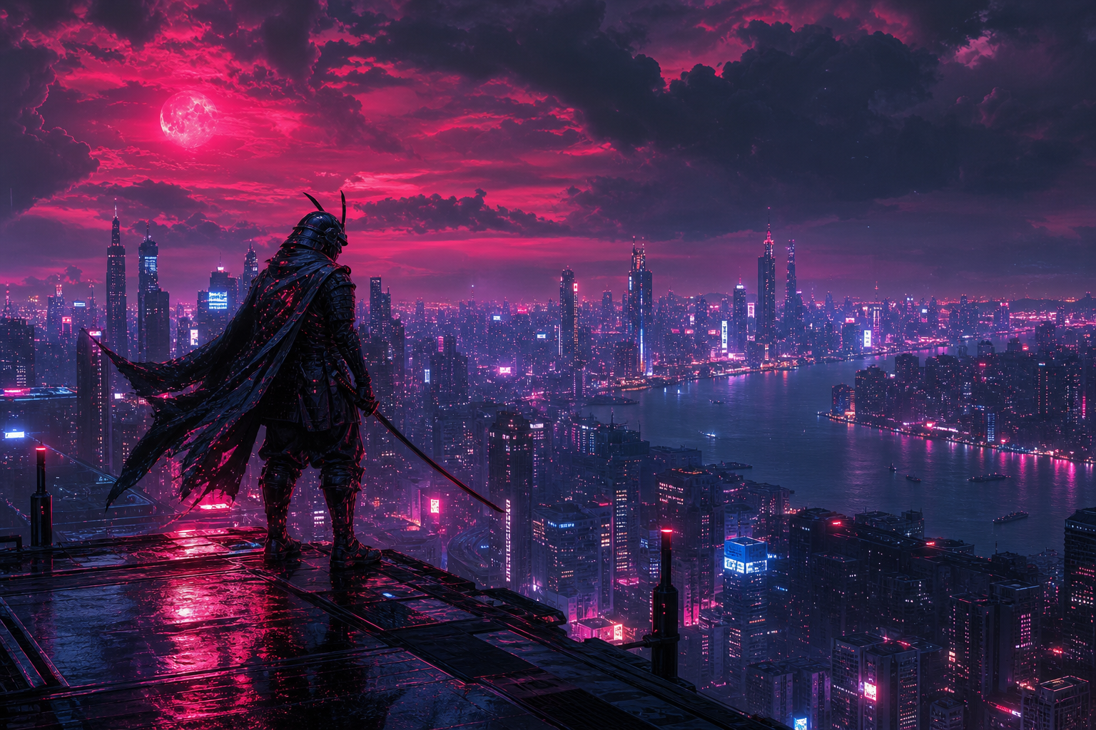 Cyber Samurai Standing On Skyscraper Cyberpunk Wallpaper  5 4K