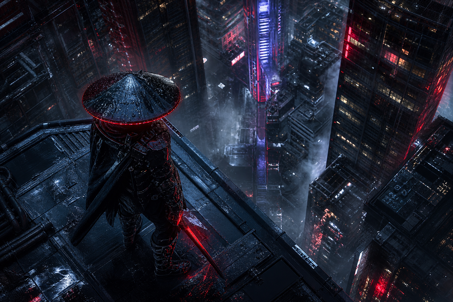 Cyber Samurai Standing On Skyscraper Cyberpunk Wallpaper  5 4K
