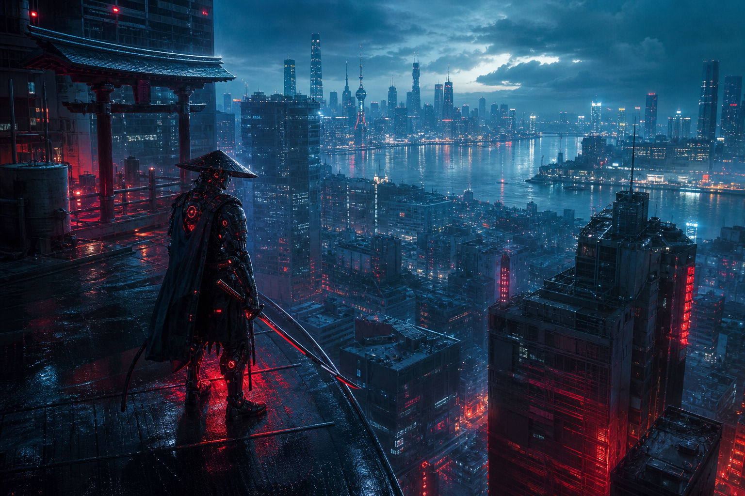 Cyber Samurai Standing On Skyscraper Cyberpunk Wallpaper  5 4K