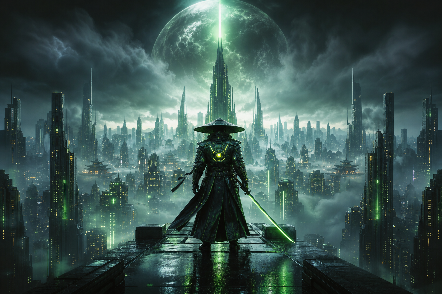 Cyber Samurai Standing On Skyscraper Fantasy Wallpaper  5 4K