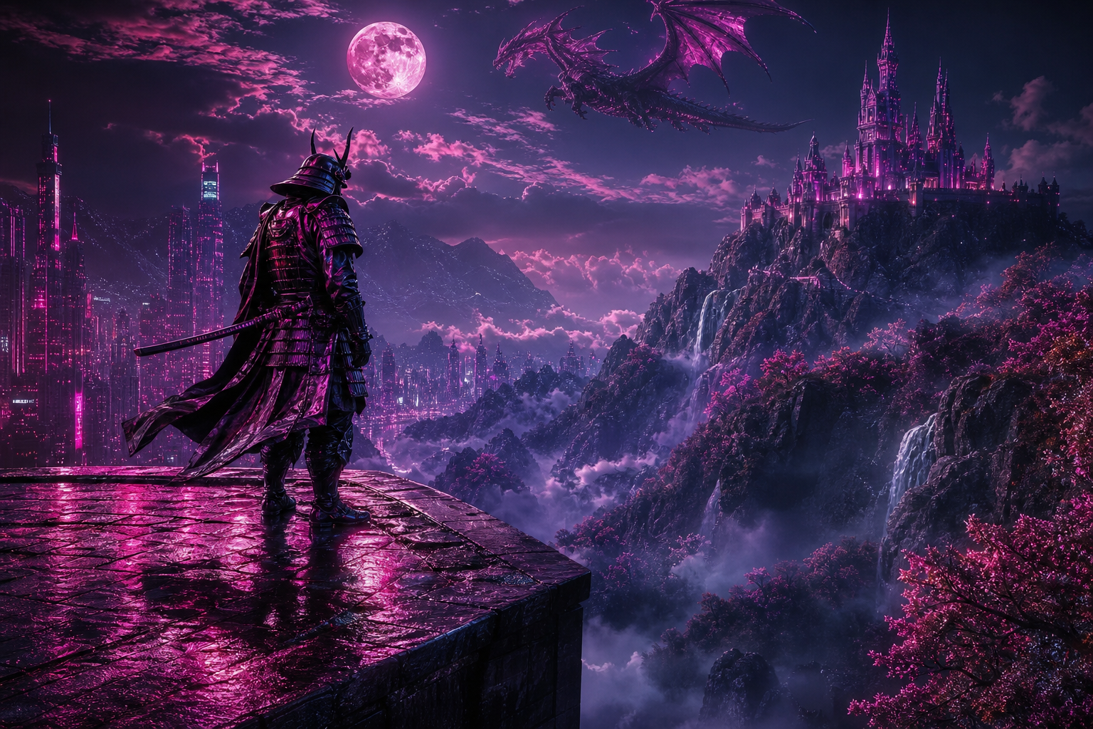 Cyber Samurai Standing On Skyscraper Fantasy Wallpaper  5 4K