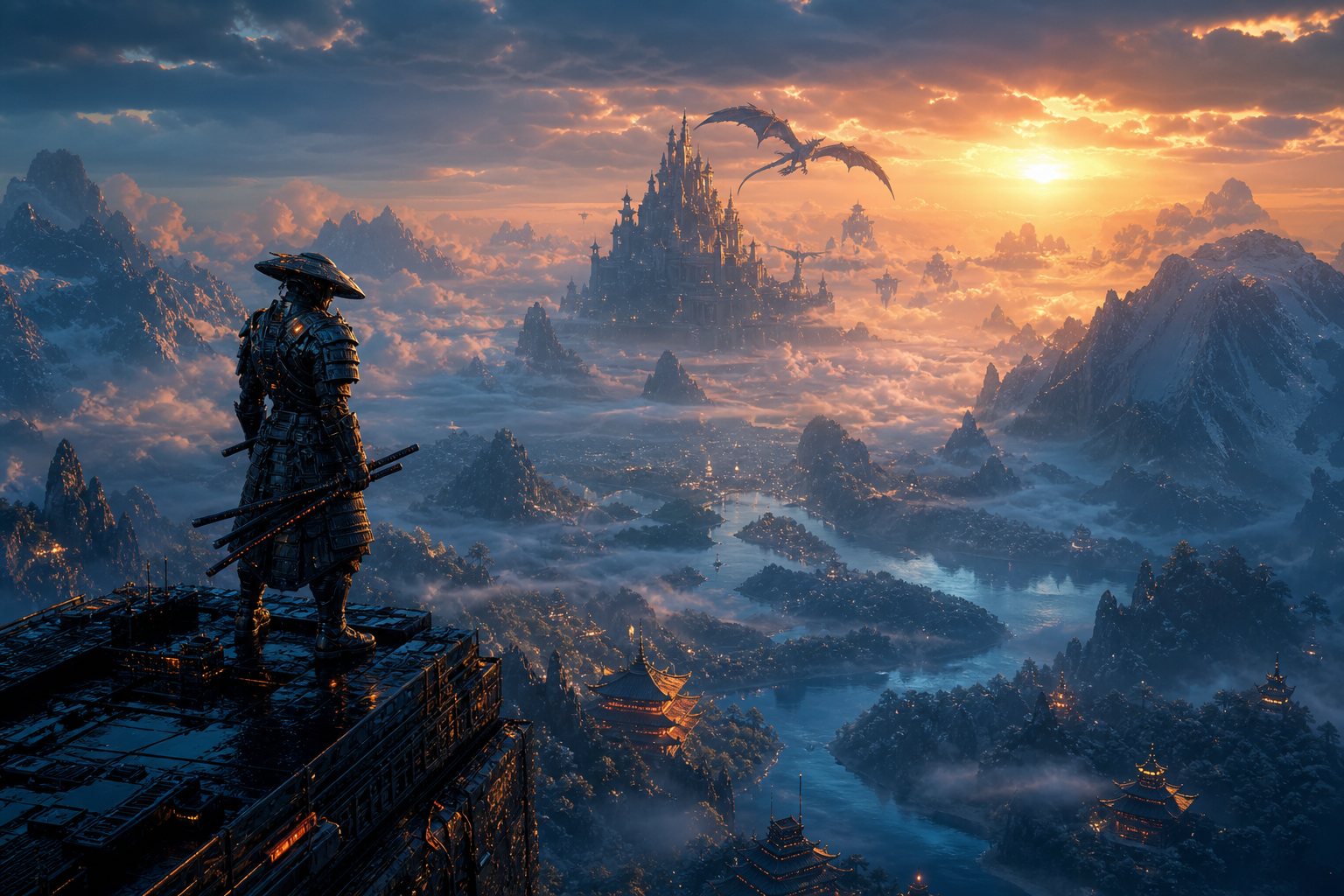 Cyber Samurai Standing On Skyscraper Fantasy Wallpaper  5 4K