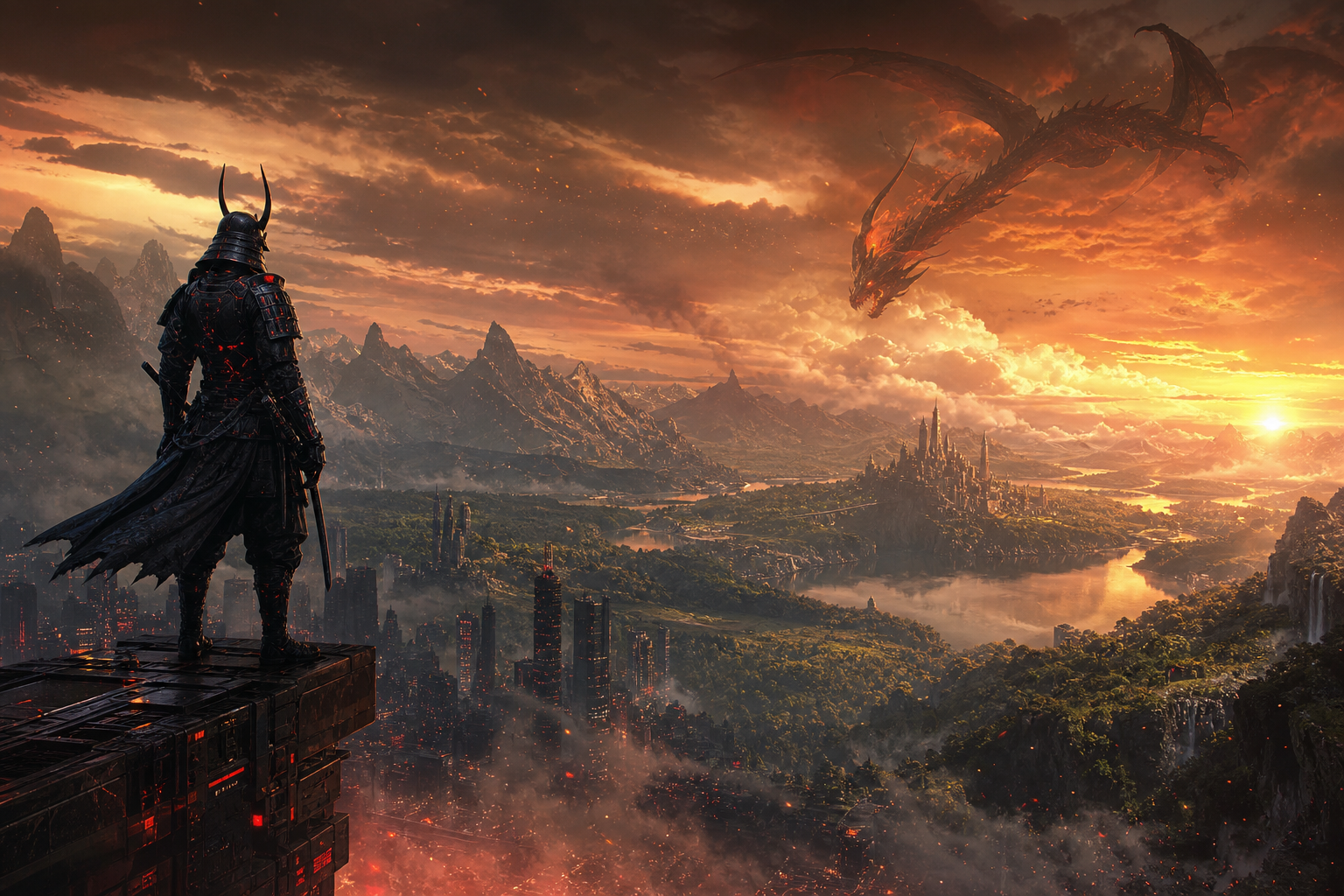 Cyber Samurai Standing On Skyscraper Fantasy Wallpaper  5 4K