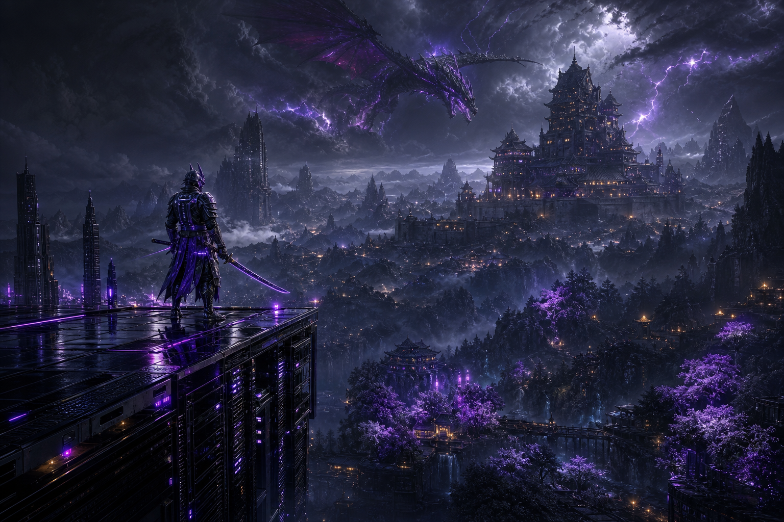 Cyber Samurai Standing On Skyscraper Fantasy Wallpaper 5 4K 11 4K Fantasy Wallpaper