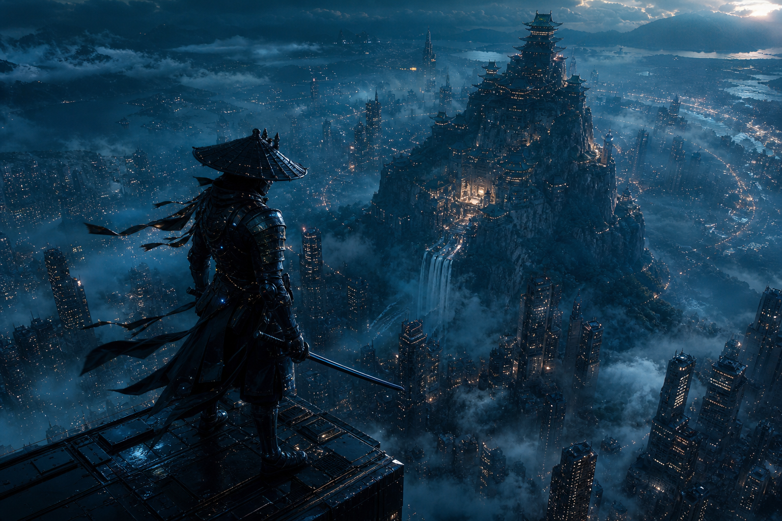 Cyber Samurai Standing On Skyscraper Fantasy Wallpaper  5 4K