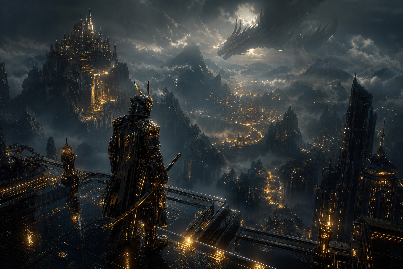 Cyber Samurai Standing On Skyscraper Fantasy Wallpaper  5 4K