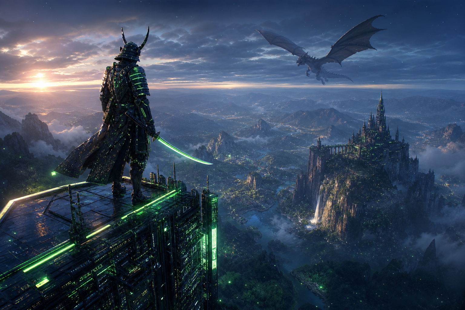 Cyber Samurai Standing On Skyscraper Fantasy Wallpaper  5 4K