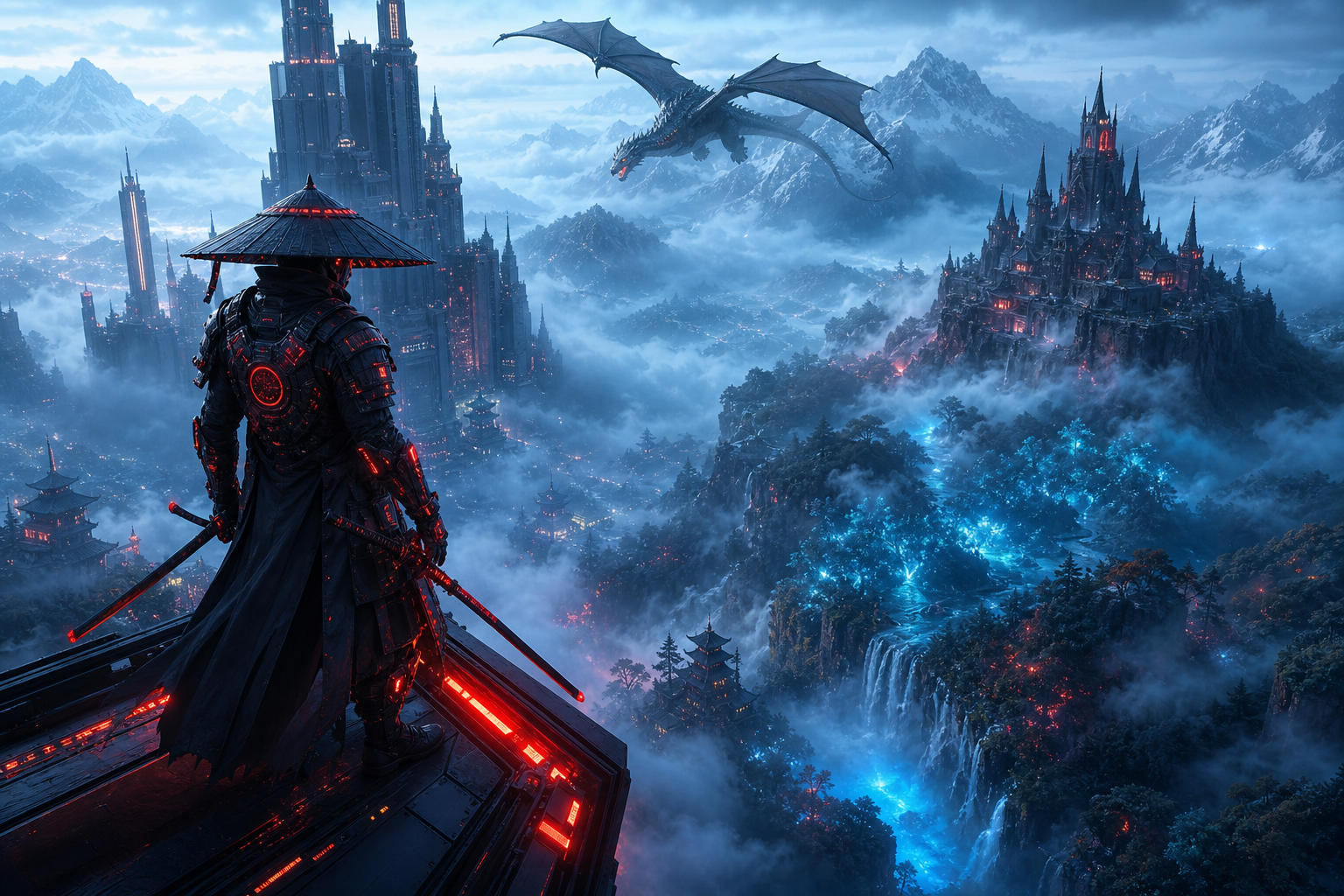 Cyber Samurai Standing On Skyscraper Fantasy Wallpaper  5 4K