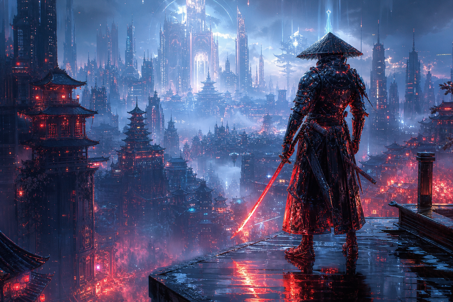 Cyber Samurai Standing On Skyscraper Fantasy Wallpaper  5 4K