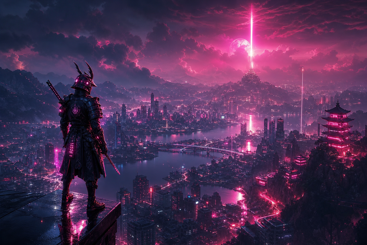 Cyber Samurai Standing On Skyscraper Fantasy Wallpaper  5 4K