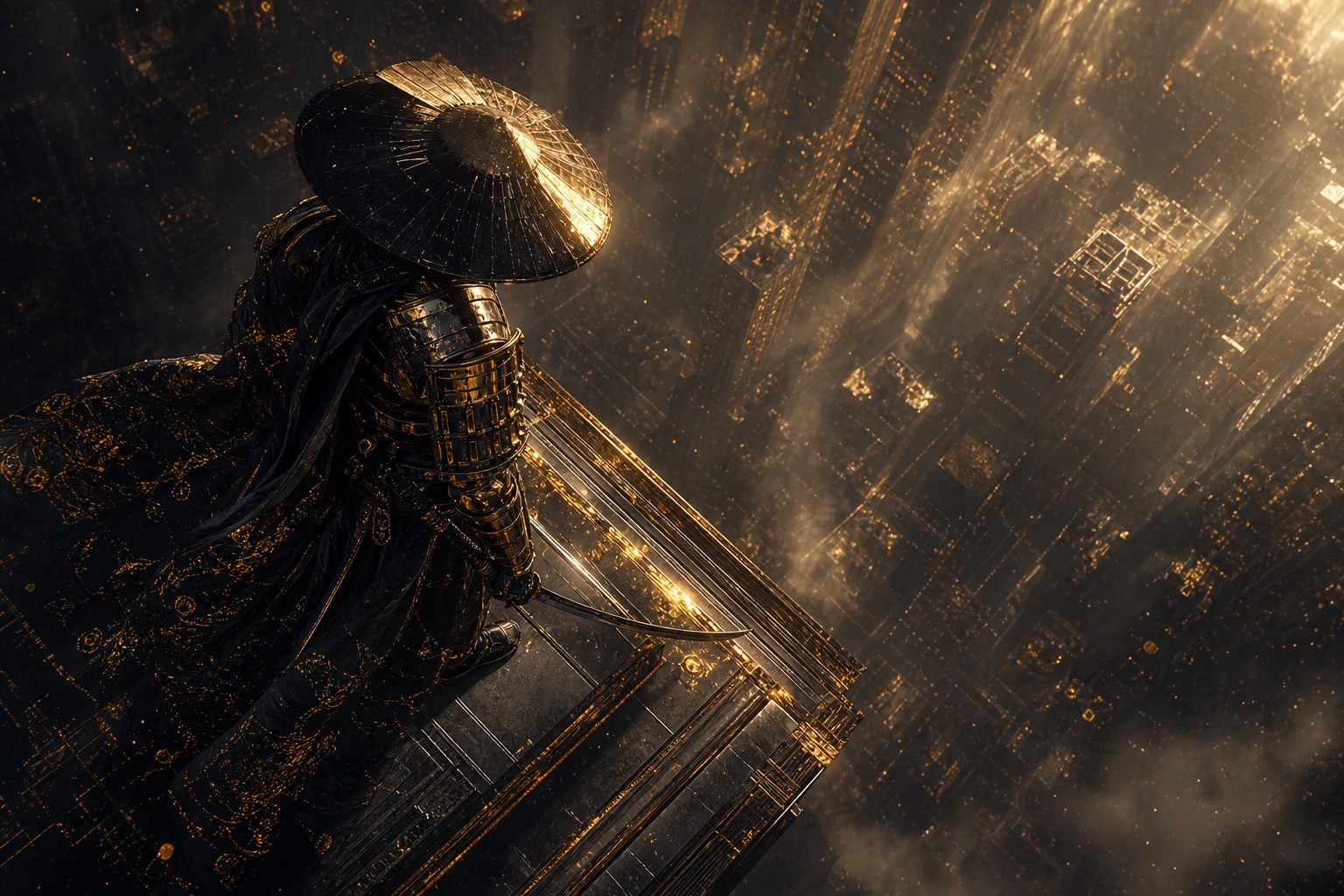 Cyber Samurai Standing On Skyscraper Fantasy Wallpaper  5 4K