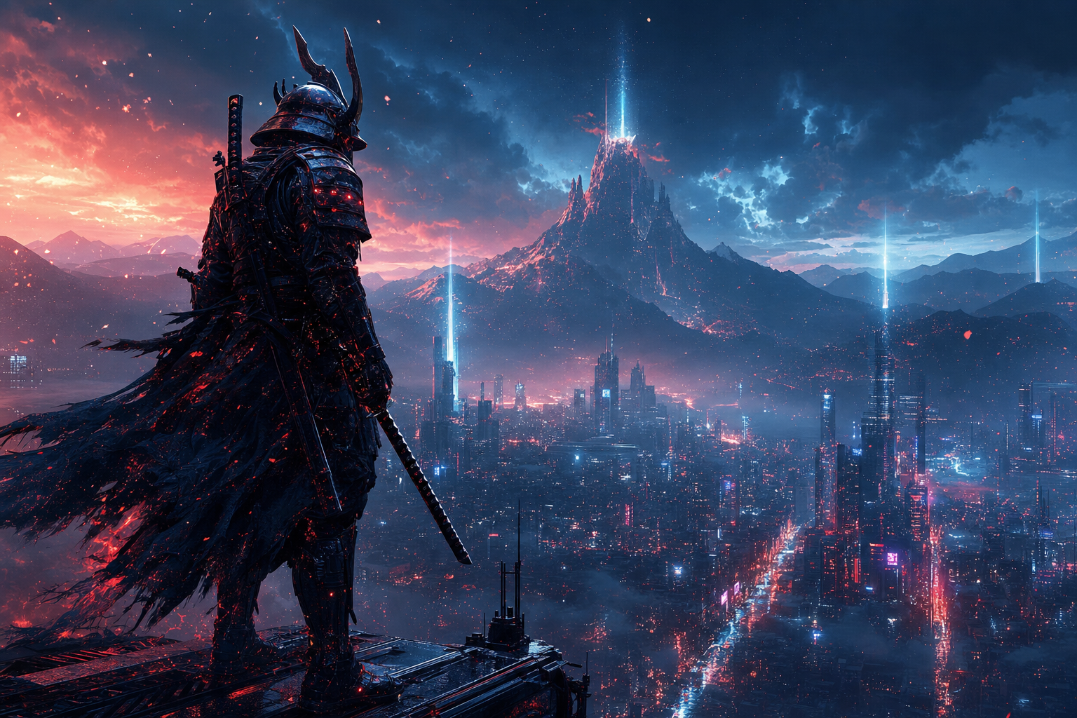 Cyber Samurai Standing On Skyscraper Fantasy Wallpaper  5 4K