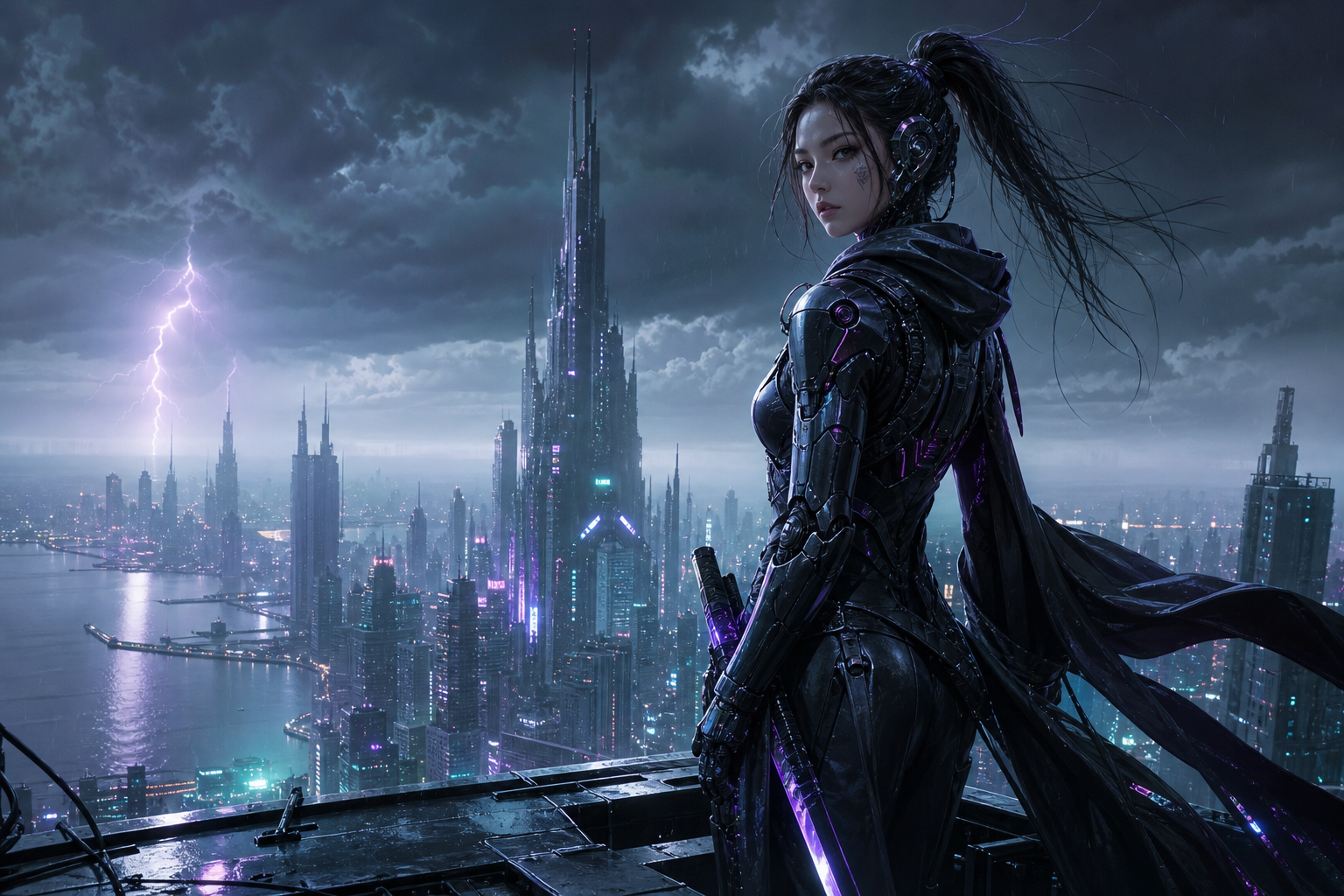 Cyber Samurai Standing On Skyscraper Female-Androids Wallpaper  5 4K