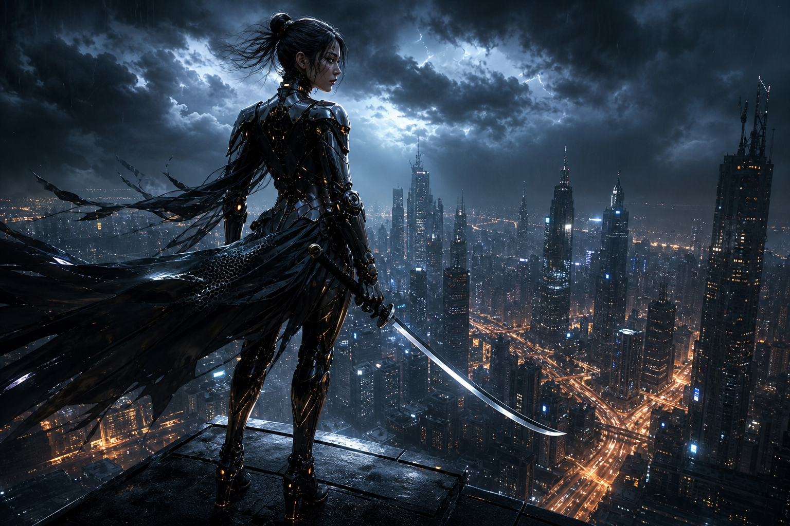 Cyber Samurai Standing On Skyscraper Female-Androids Wallpaper  5 4K