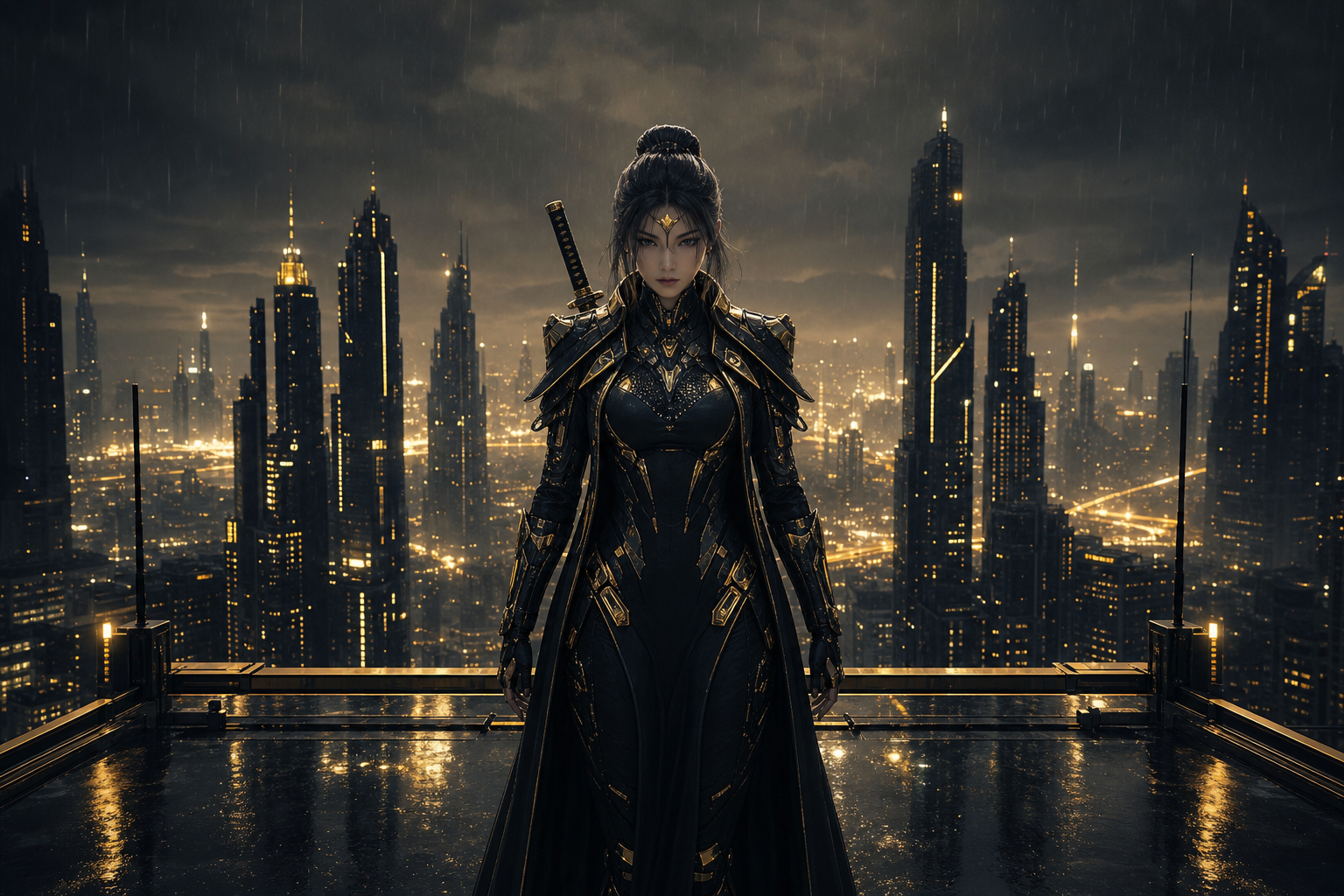 Cyber Samurai Standing On Skyscraper Female-Androids Wallpaper  5 4K