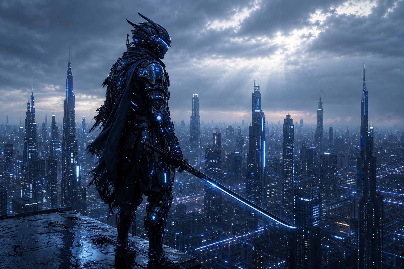 Cyber Samurai Standing On Skyscraper Hamster-Robotics Wallpaper  5 4K