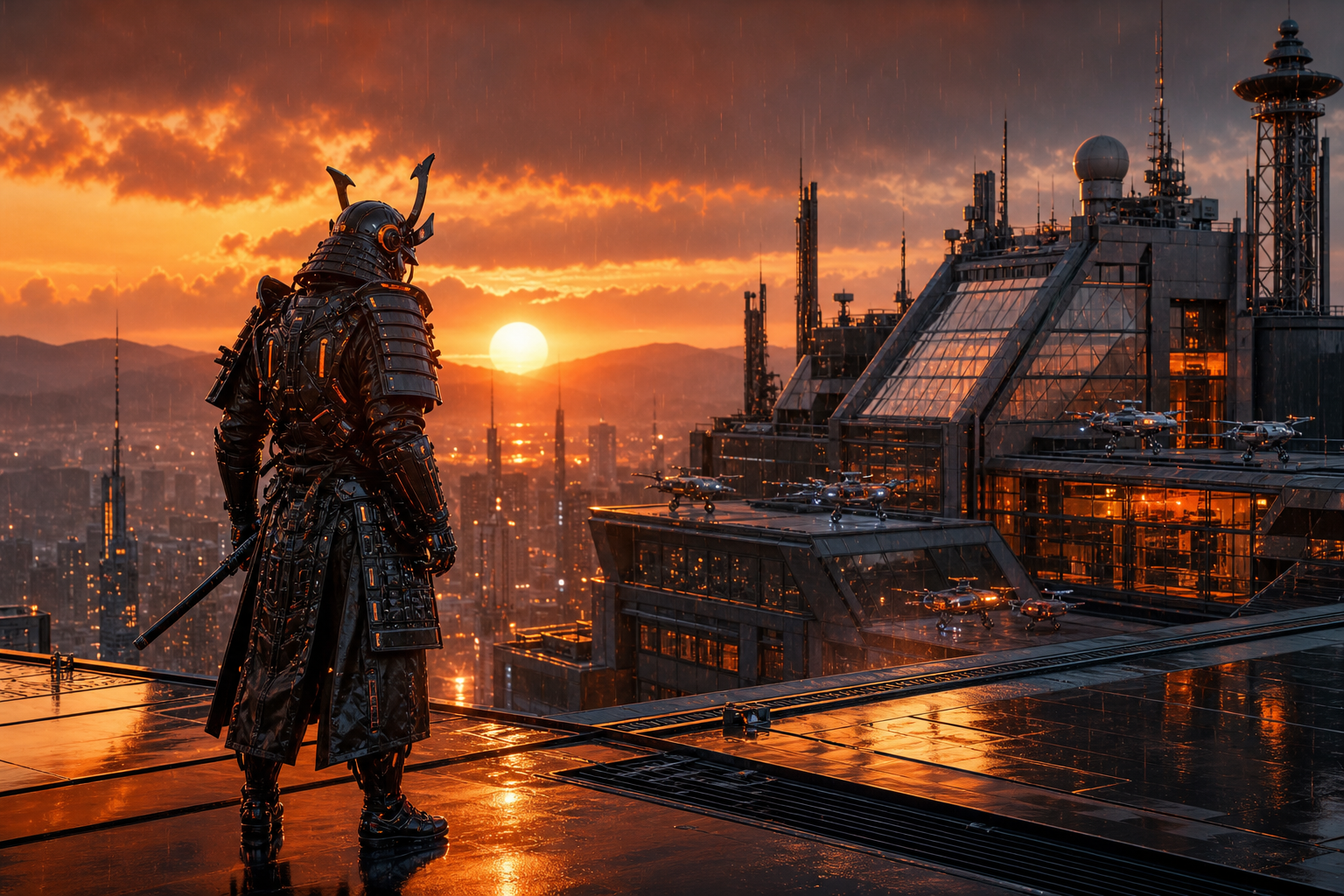 Cyber Samurai Standing On Skyscraper Hamster-Robotics Wallpaper  5 4K