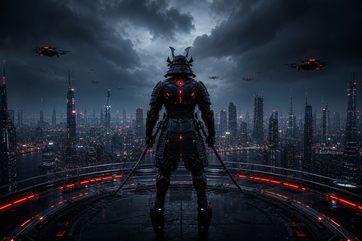 Cyber Samurai Standing On Skyscraper Hamster-Robotics Wallpaper  5 4K