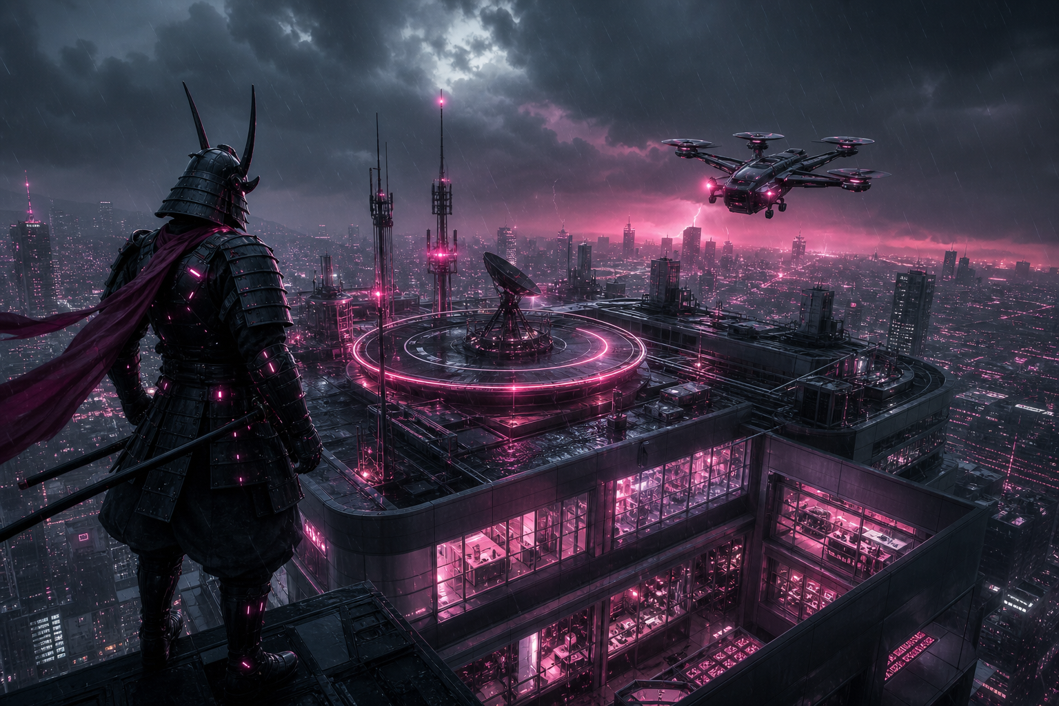 Cyber Samurai Standing On Skyscraper Hamster-Robotics Wallpaper  5 4K