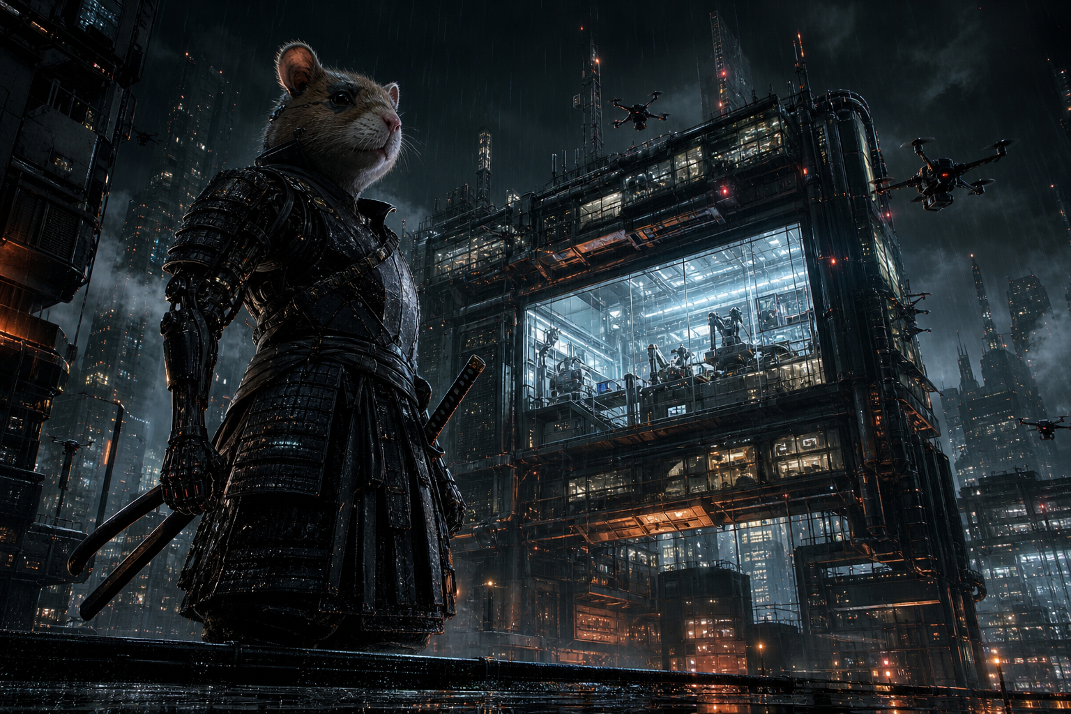 Cyber Samurai Standing On Skyscraper Hamster-Robotics Wallpaper  5 4K