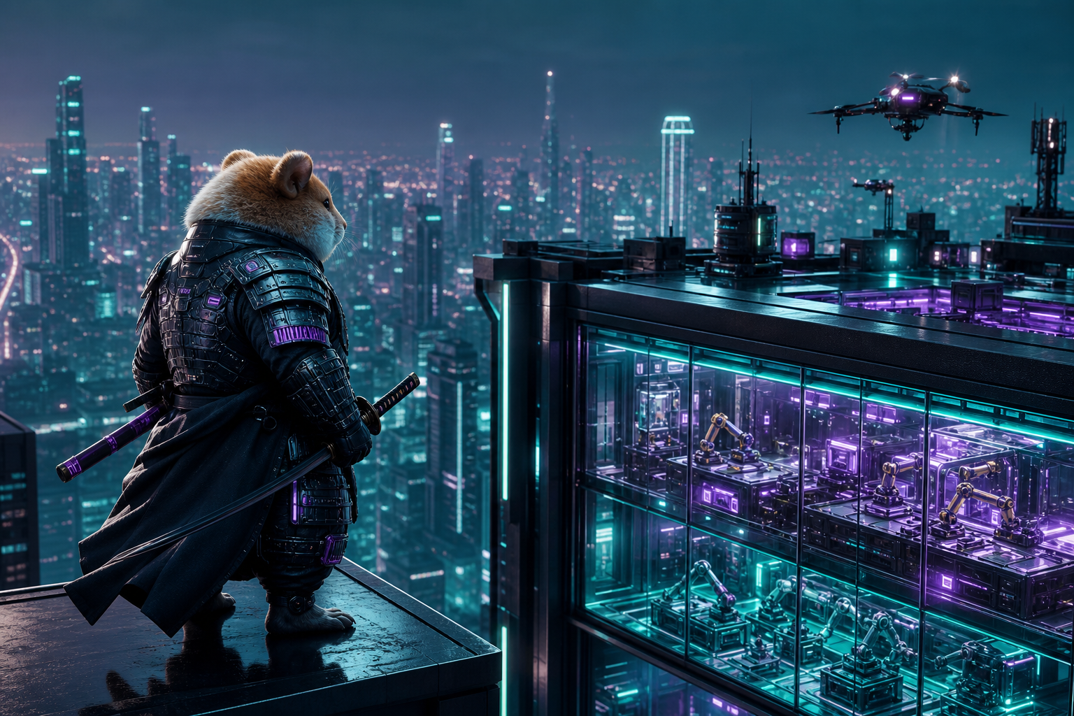 Cyber Samurai Standing On Skyscraper Hamster-Robotics Wallpaper  5 4K