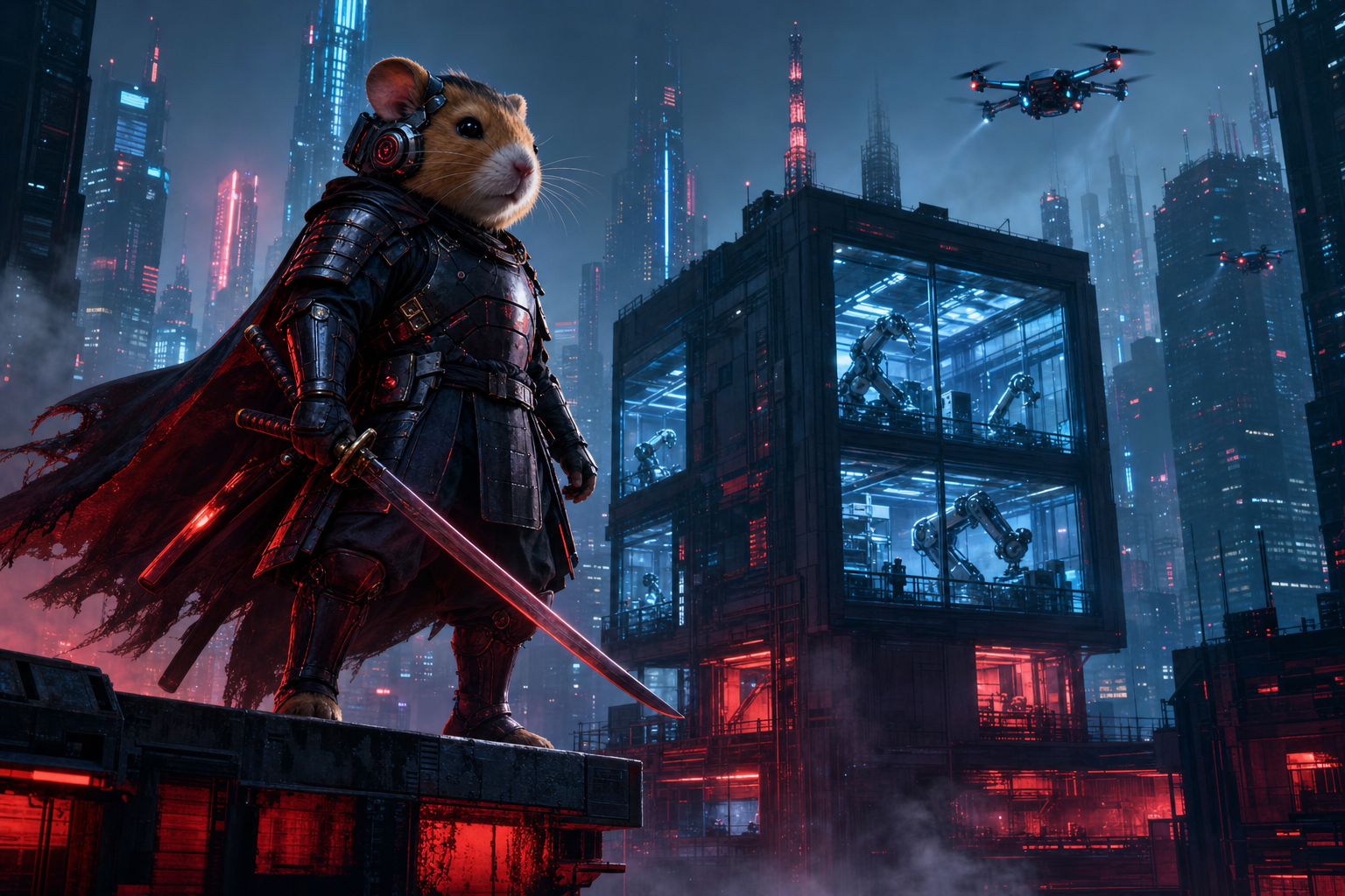 Cyber Samurai Standing On Skyscraper Hamster-Robotics Wallpaper  5 4K