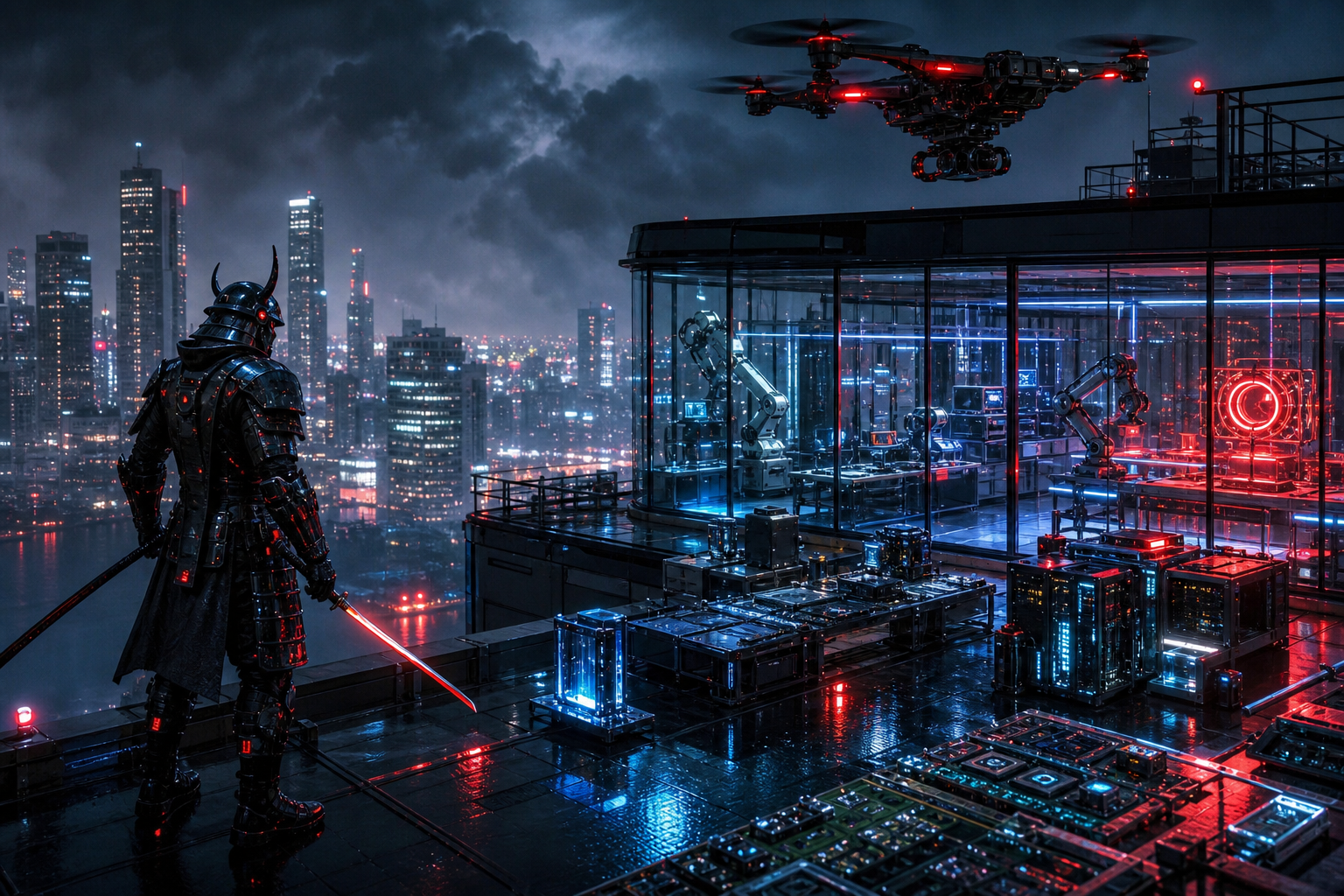 Cyber Samurai Standing On Skyscraper Hamster-Robotics Wallpaper  5 4K