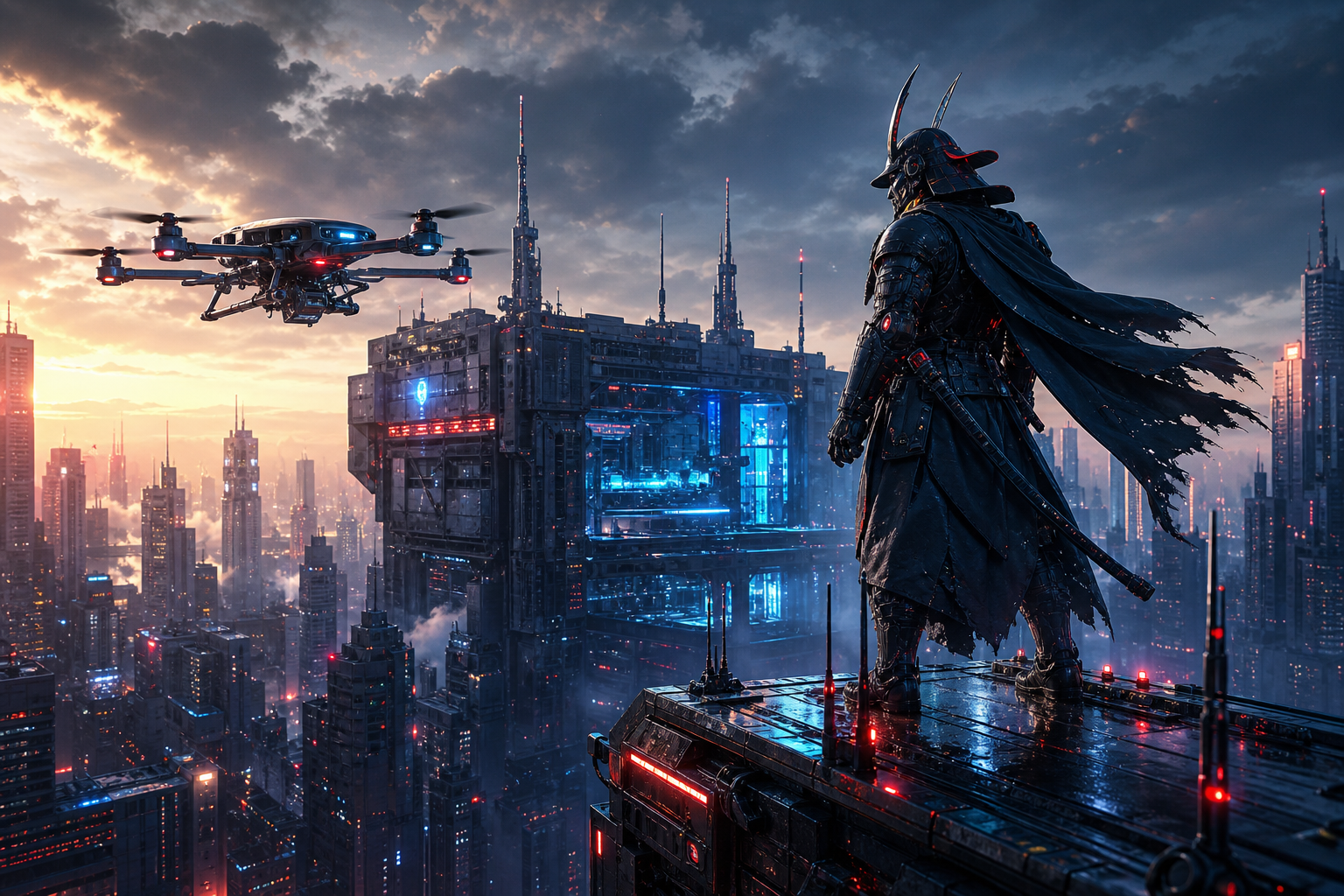 Cyber Samurai Standing On Skyscraper Hamster-Robotics Wallpaper  5 4K