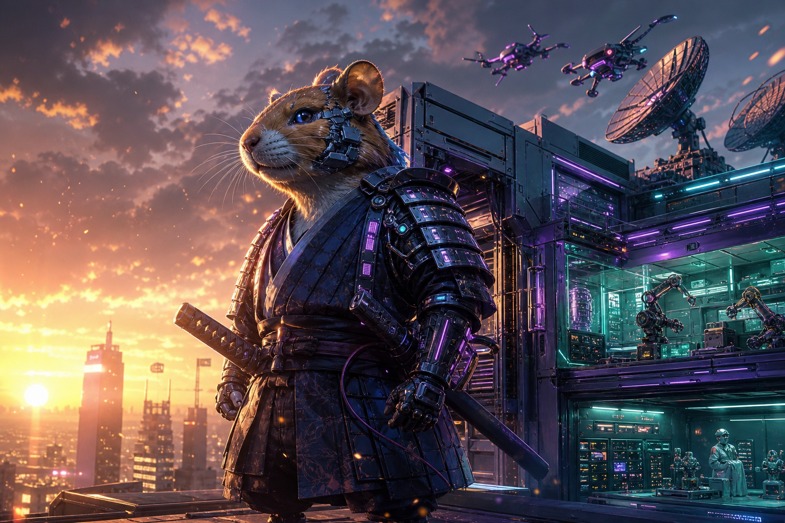 Cyber Samurai Standing On Skyscraper Hamster-Robotics Wallpaper  5 4K