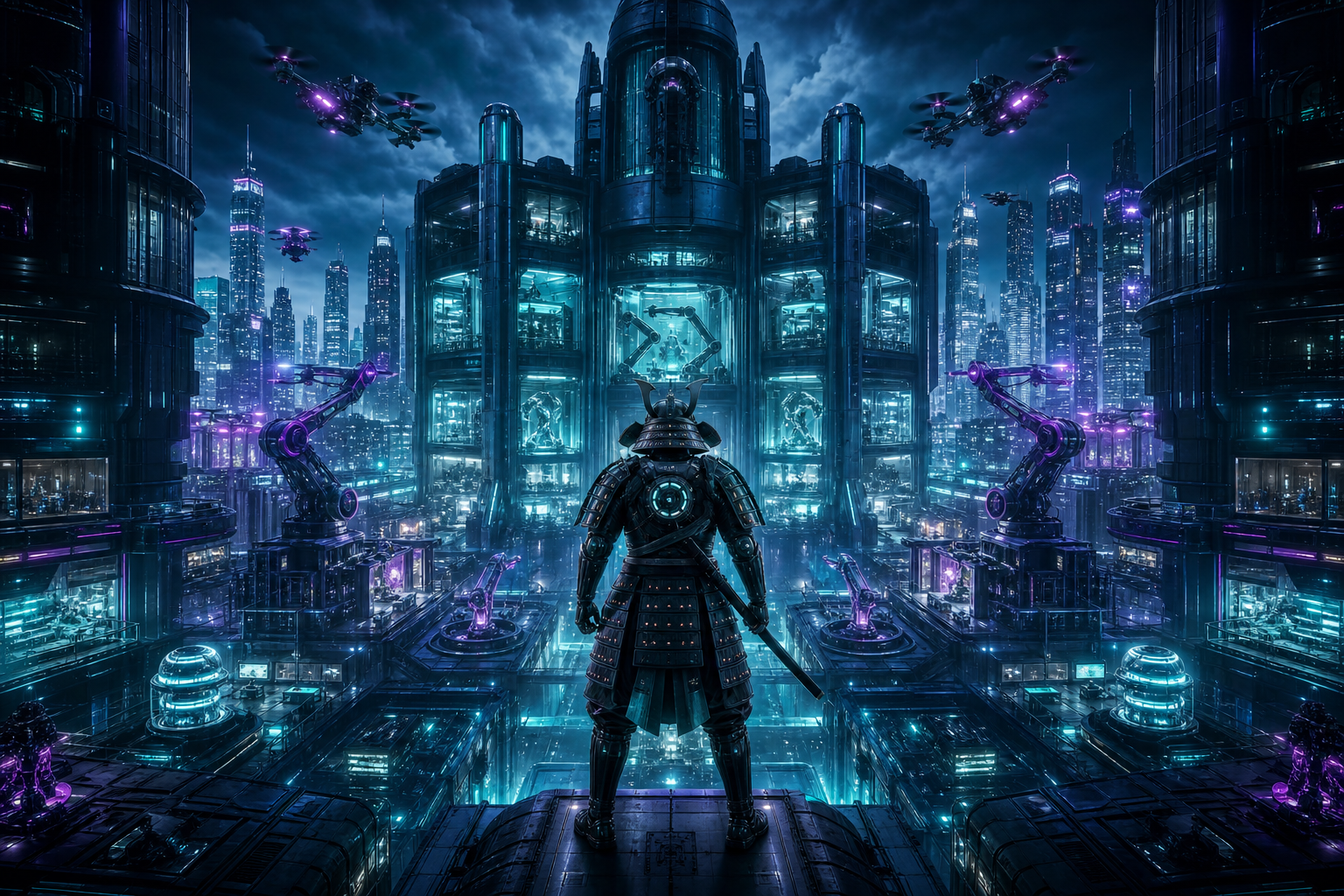 Cyber Samurai Standing On Skyscraper Hamster-Robotics Wallpaper  5 4K
