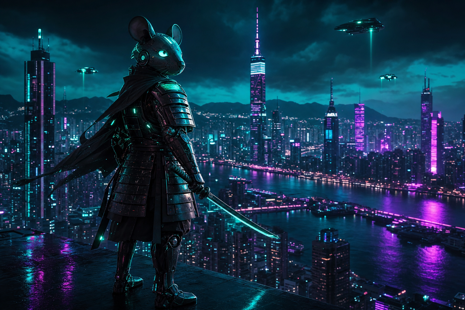 Cyber Samurai Standing On Skyscraper Hamster-Robotics Wallpaper  5 4K