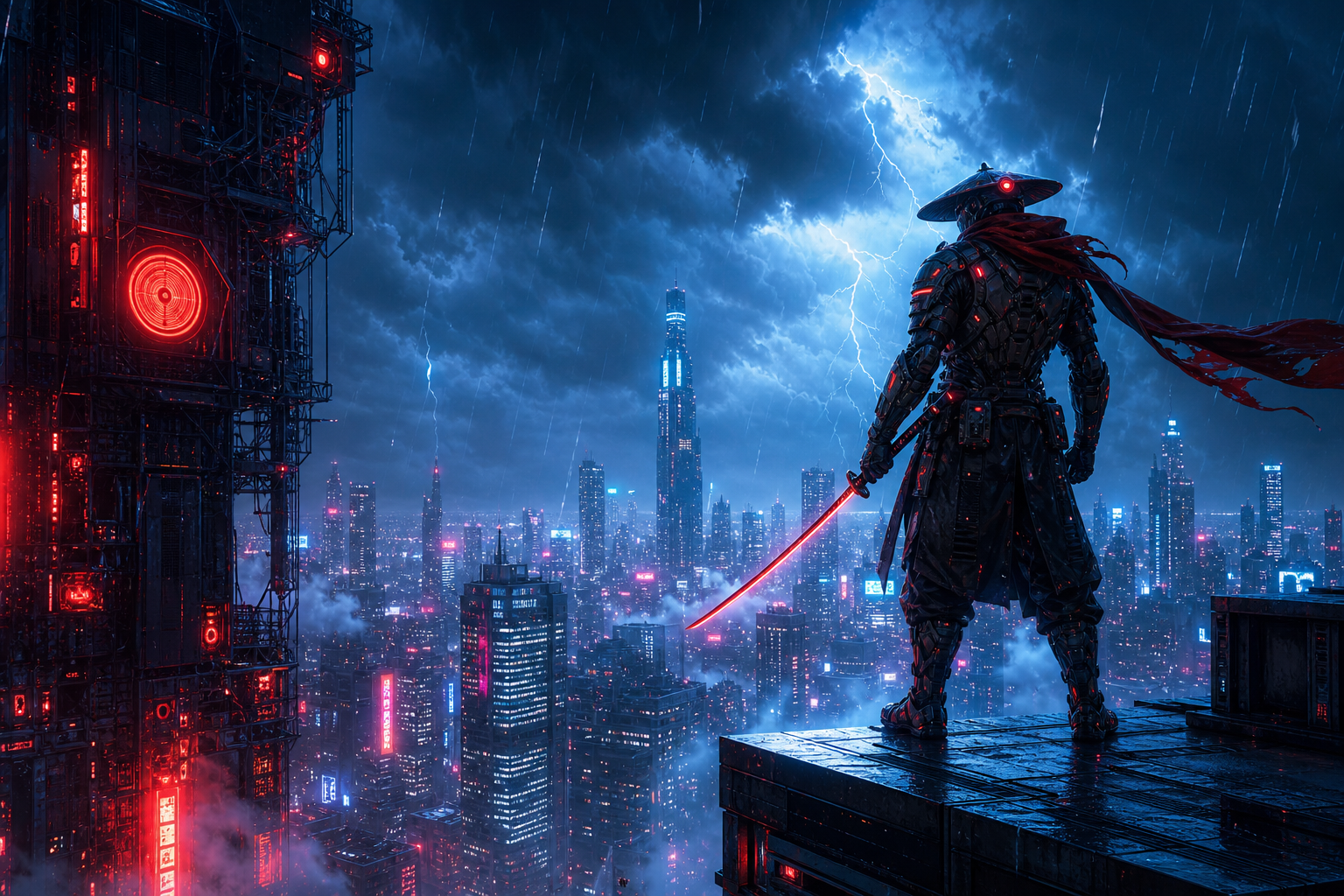 Cyber Samurai Standing On Skyscraper Hamster-Robotics Wallpaper  5 4K