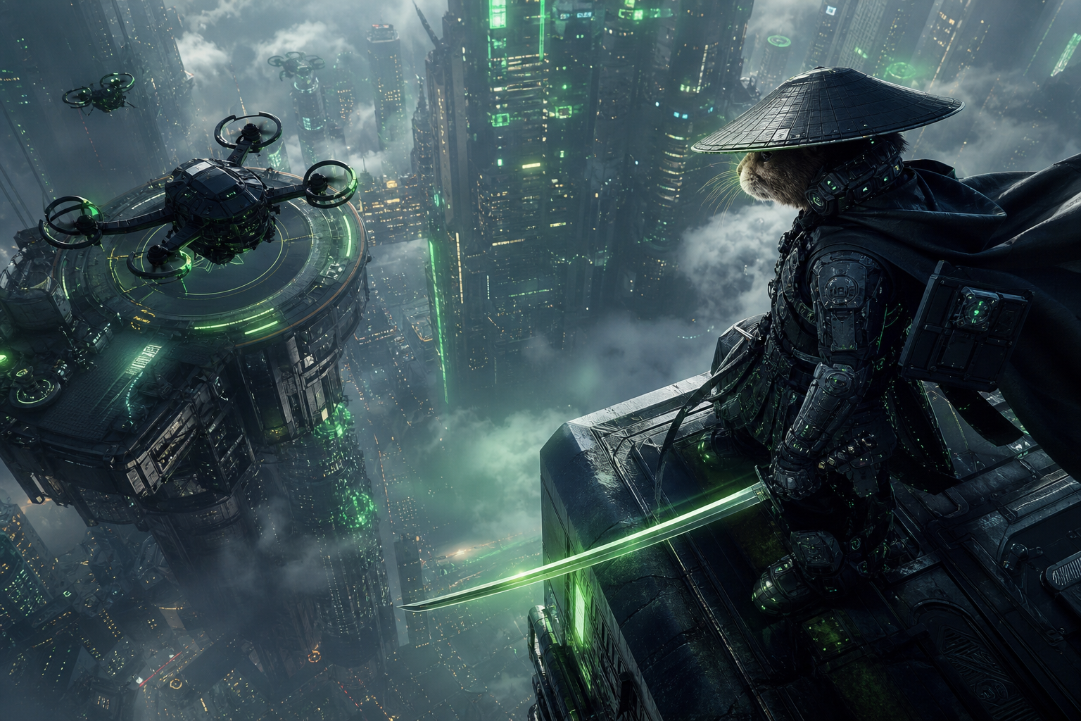 Cyber Samurai Standing On Skyscraper Hamster-Robotics Wallpaper  5 4K