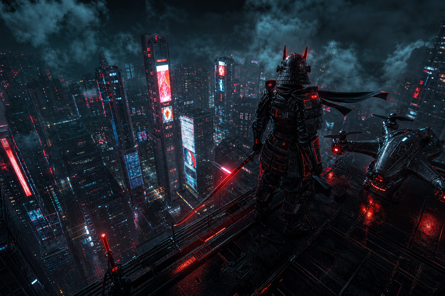 Cyber Samurai Standing On Skyscraper Hamster-Robotics Wallpaper  5 4K