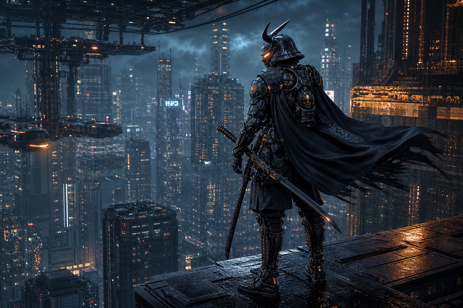 Cyber Samurai Standing On Skyscraper Hamster-Robotics Wallpaper  5 4K