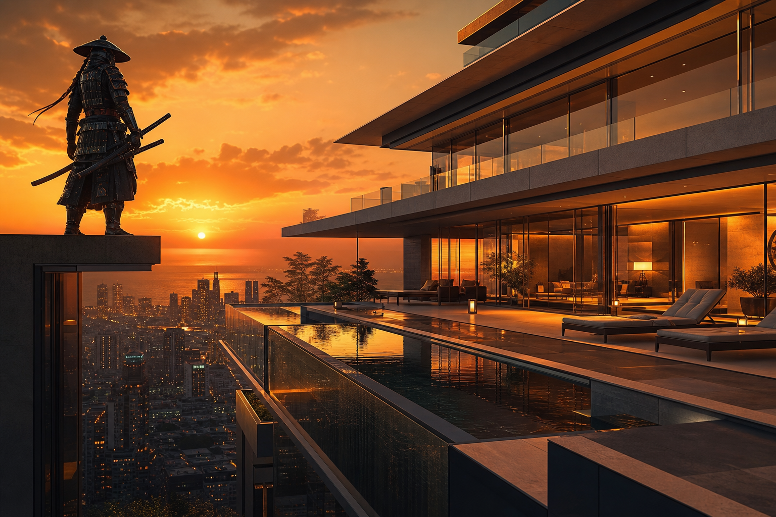 Cyber Samurai Standing On Skyscraper House-Design Wallpaper  5 4K