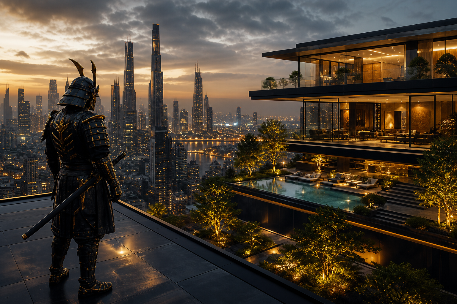 Cyber Samurai Standing On Skyscraper House-Design Wallpaper  5 4K
