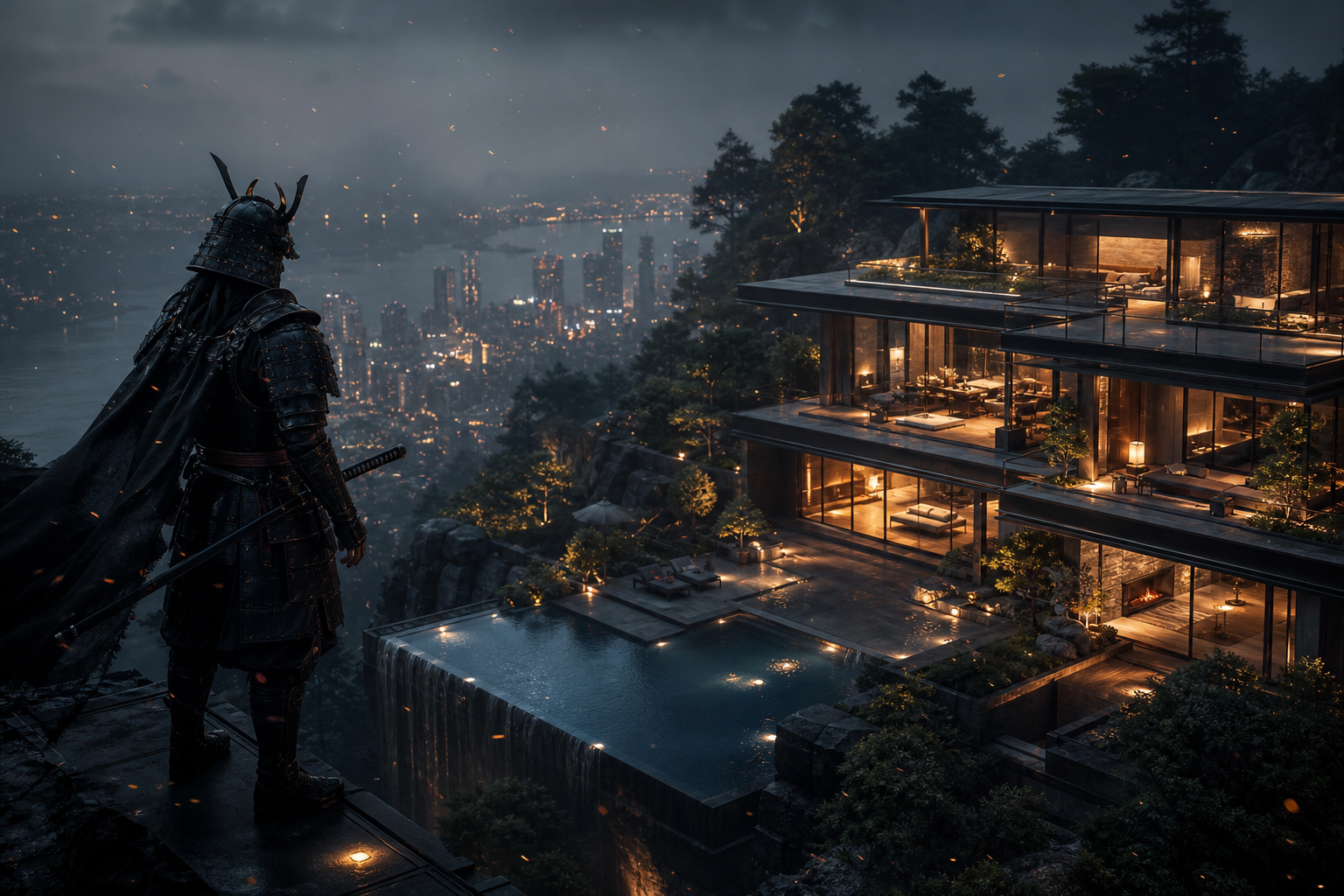 Cyber Samurai Standing On Skyscraper House-Design Wallpaper  5 4K