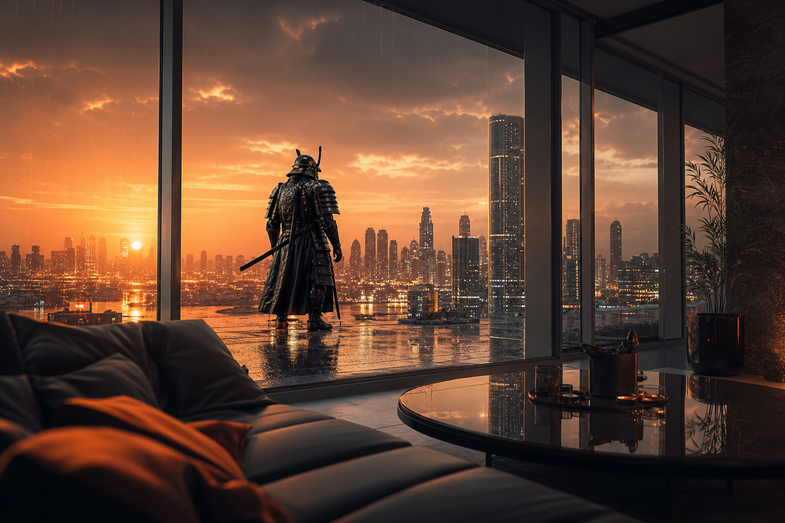 Cyber Samurai Standing On Skyscraper Interior-Design Wallpaper  5 4K