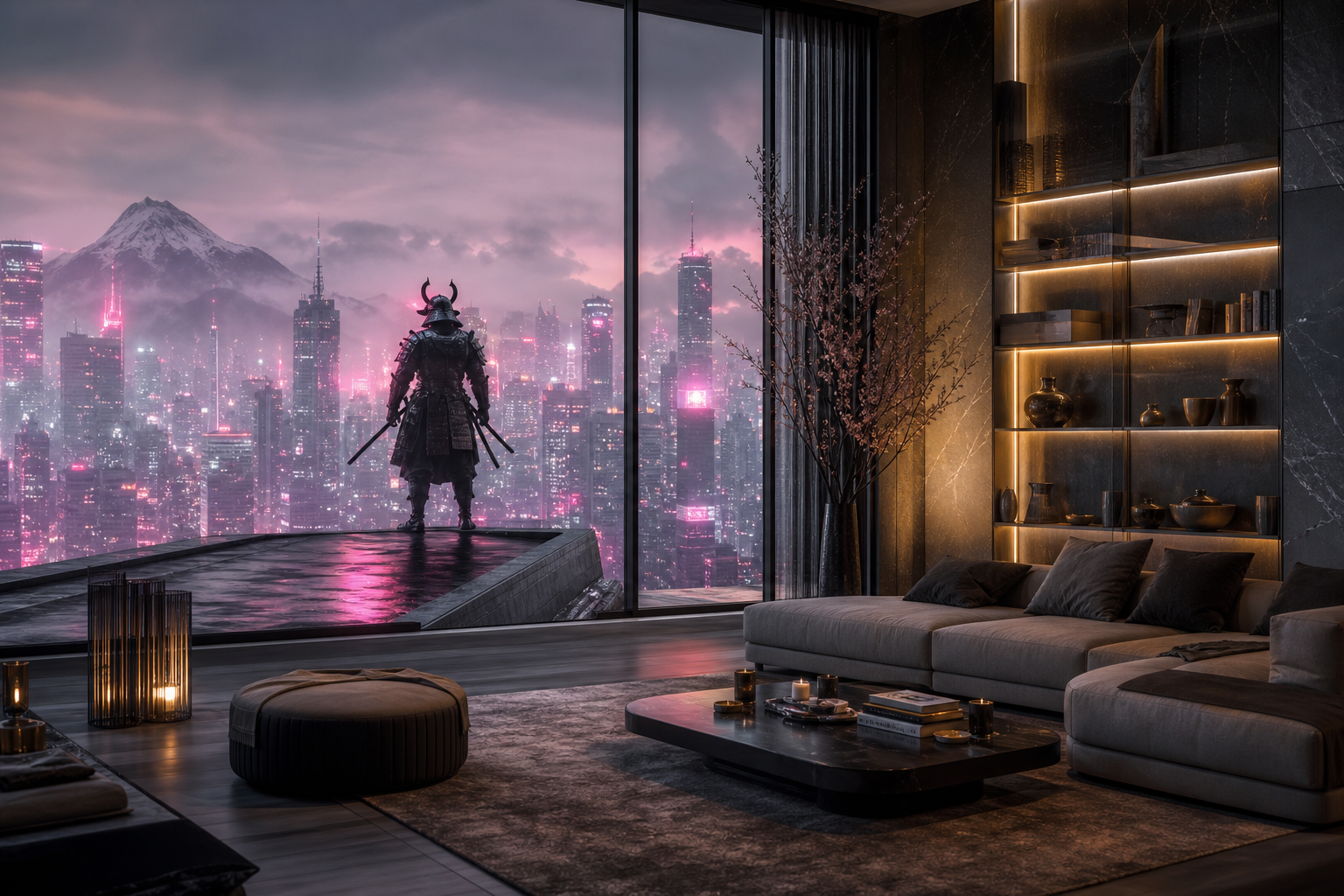 Cyber Samurai Standing On Skyscraper Interior-Design Wallpaper  5 4K