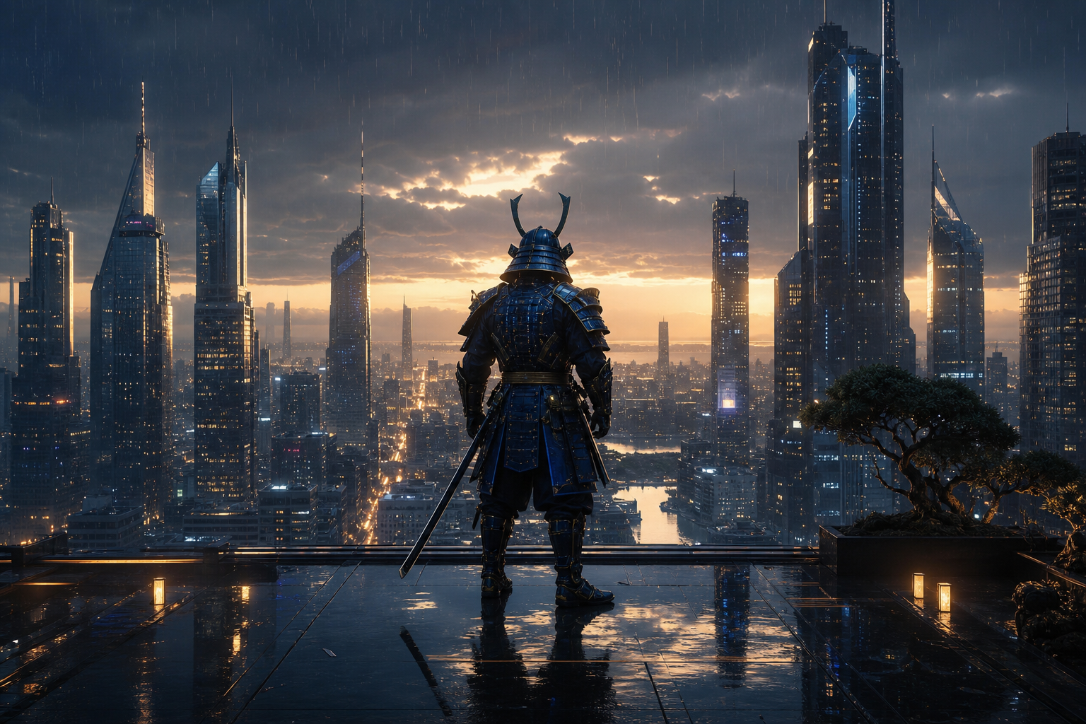Cyber Samurai Standing On Skyscraper Living-Room-Design Wallpaper  5 4K