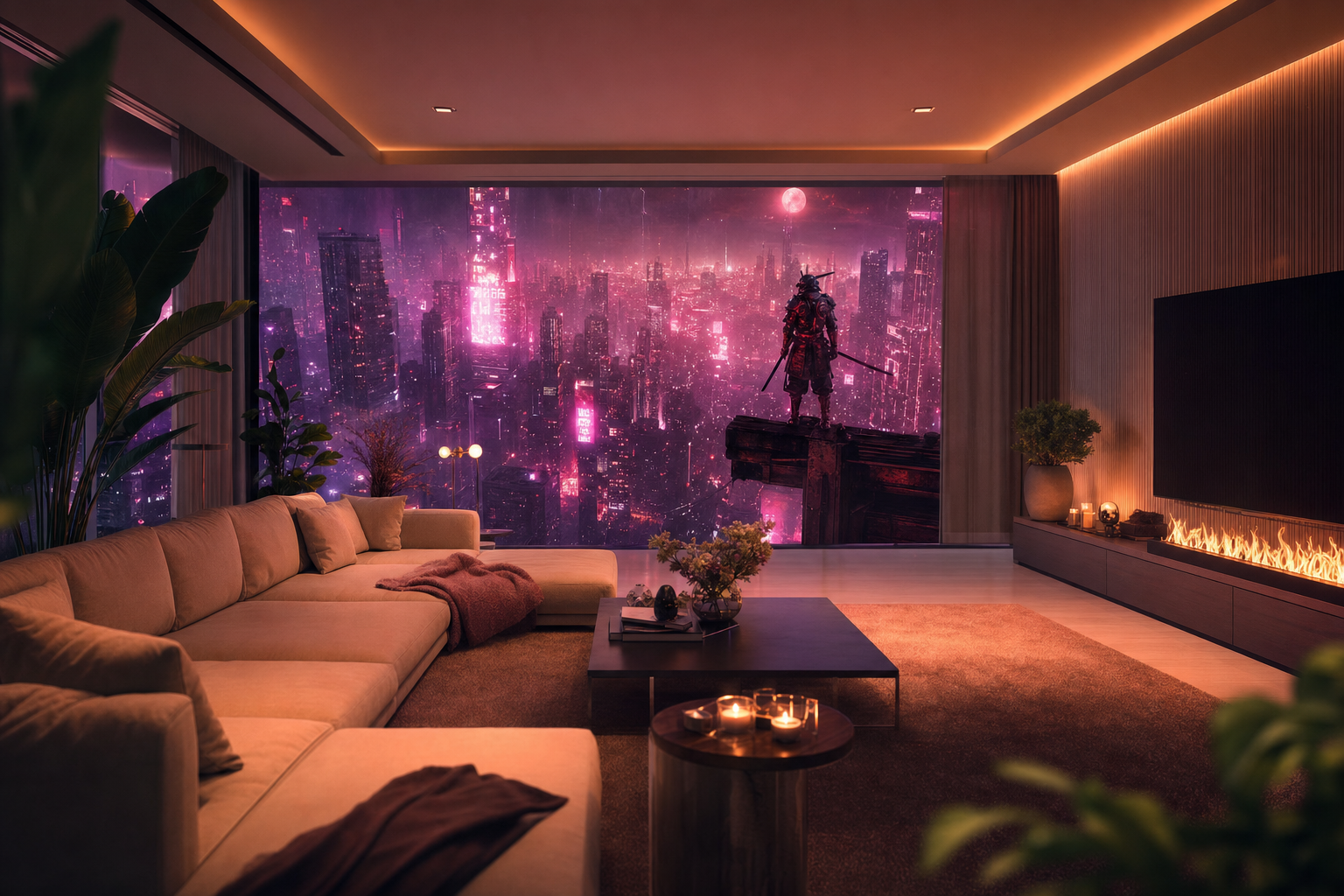 Cyber Samurai Standing On Skyscraper Living-Room-Design Wallpaper  5 4K