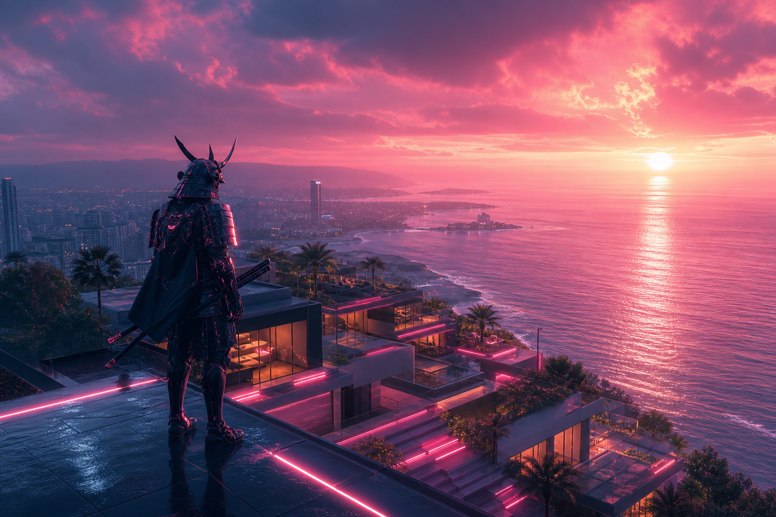 Cyber Samurai Standing On Skyscraper Luxury-Villas Wallpaper  5 4K
