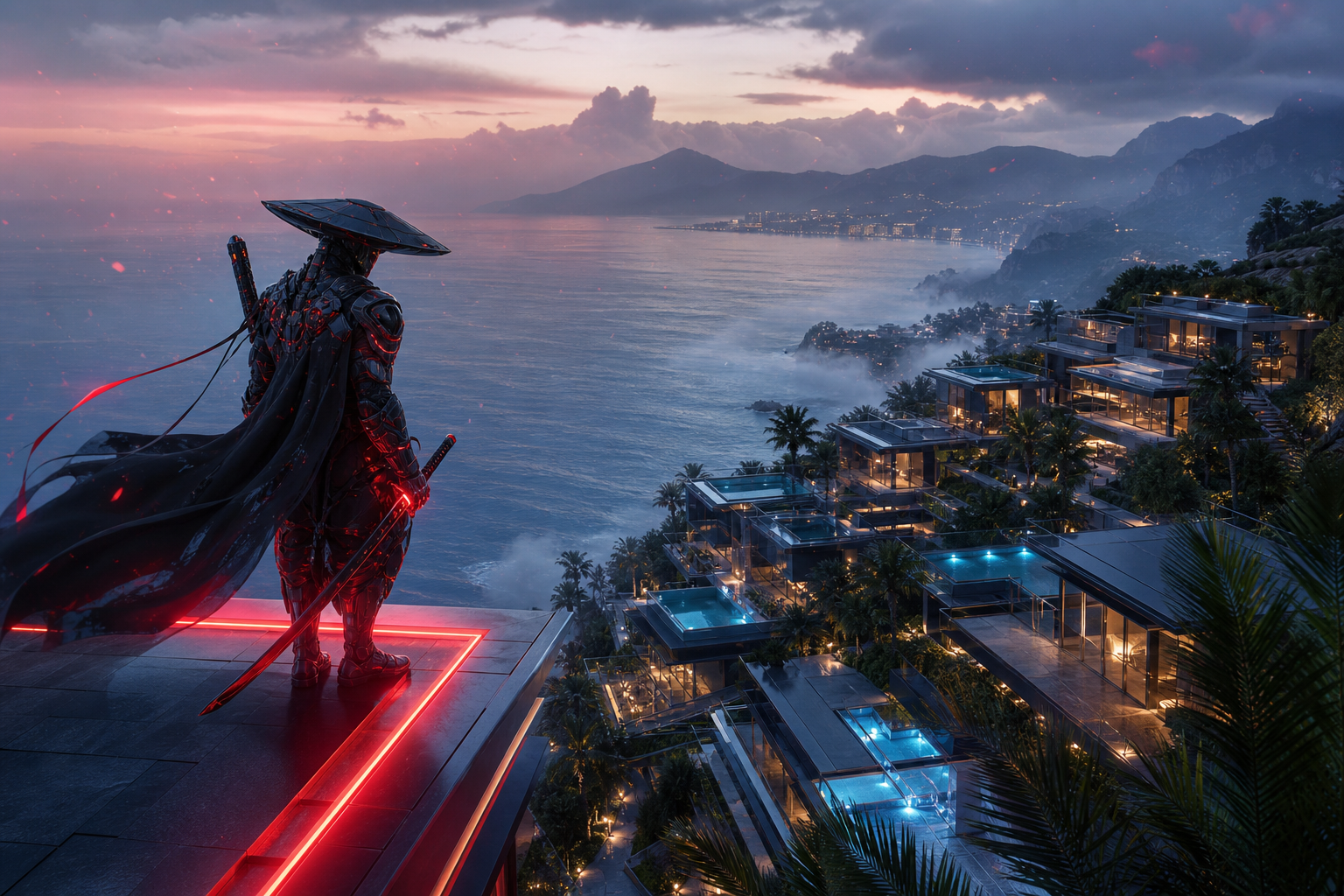 Cyber Samurai Standing On Skyscraper Luxury-Villas Wallpaper  5 4K