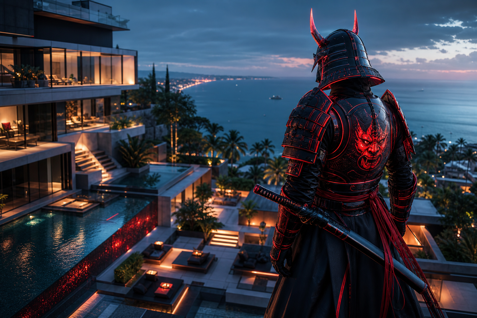 Cyber Samurai Standing On Skyscraper Luxury-Villas Wallpaper  5 4K