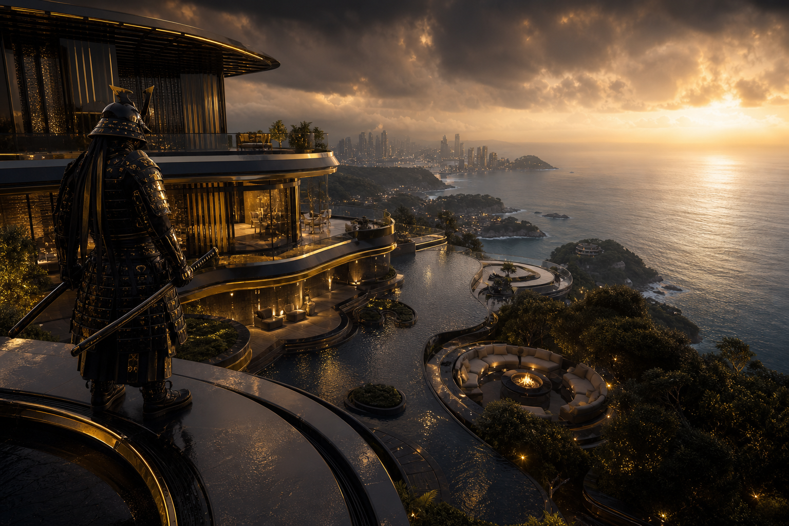Cyber Samurai Standing On Skyscraper Luxury-Villas Wallpaper  5 4K