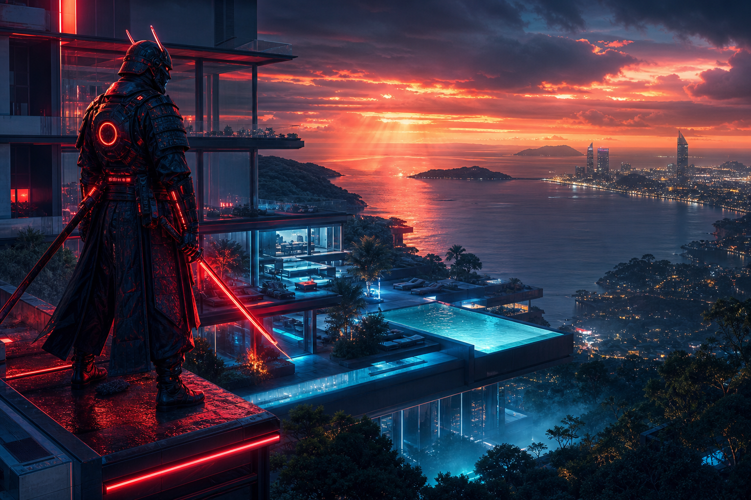 Cyber Samurai Standing On Skyscraper Luxury-Villas Wallpaper  5 4K