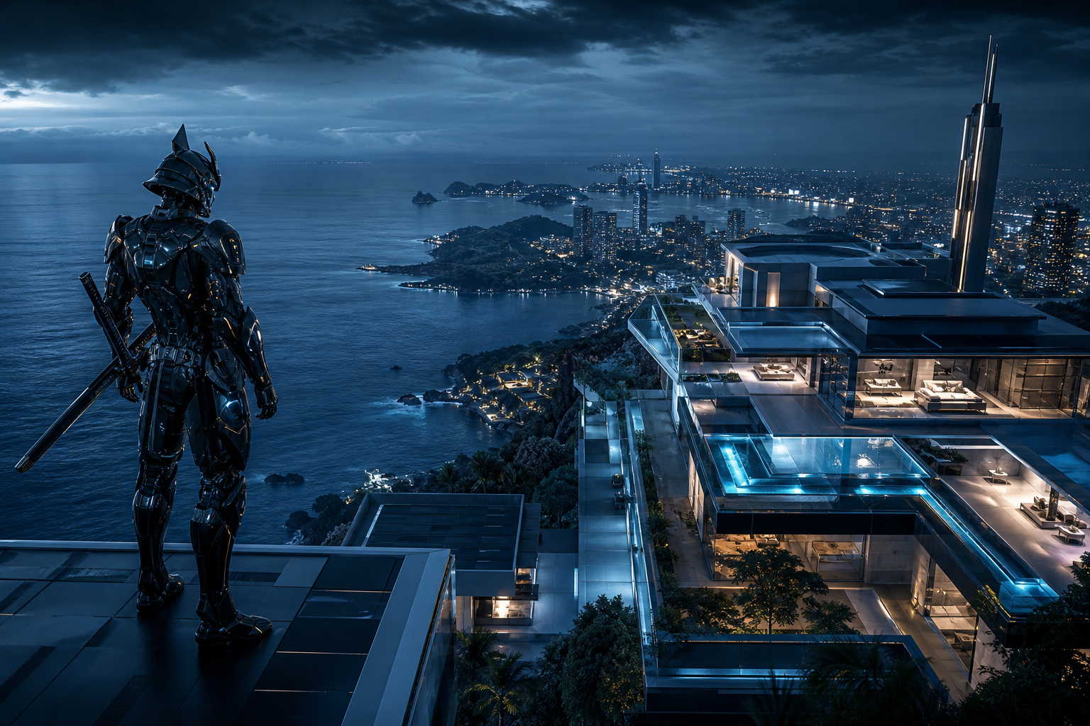 Cyber Samurai Standing On Skyscraper Luxury-Villas Wallpaper  5 4K